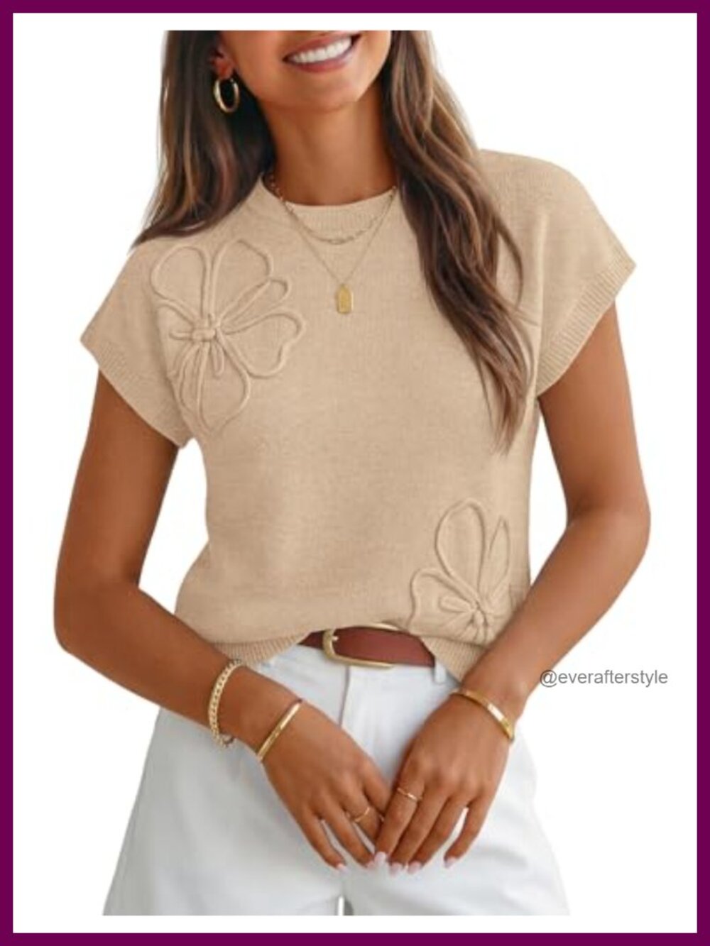 Floral Sweater Vest Crew Neck Cap Sleeve 3D Knit Pullover Work Top